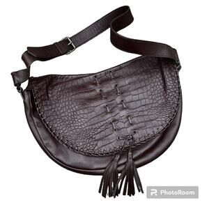 Nicole Miller Collection Vintage Brown Leather Textured Saddle Flap Shoulder Bag